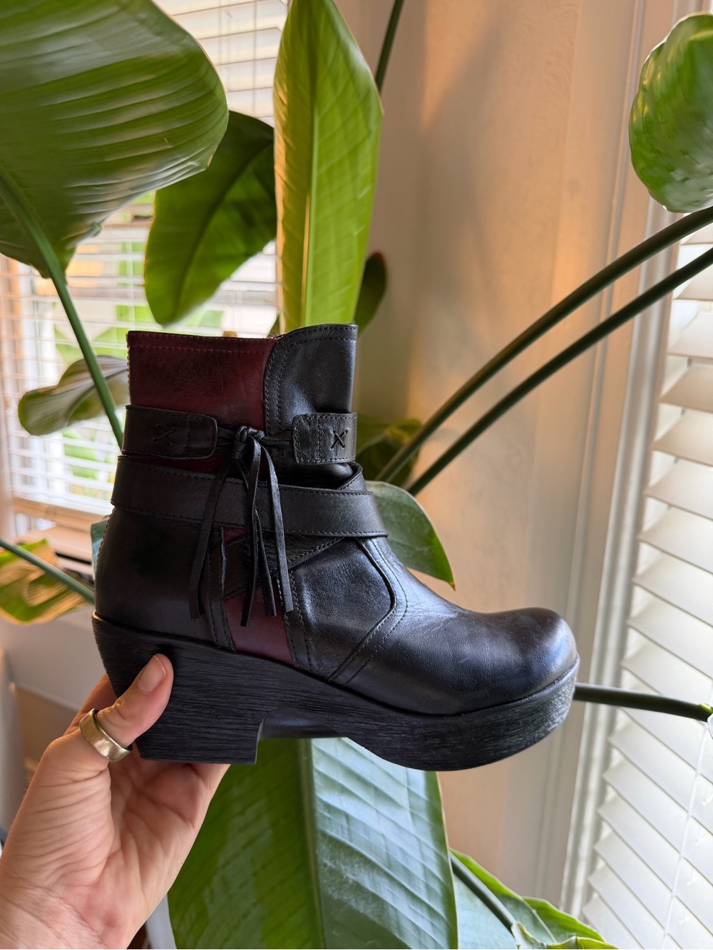 JAFA Womens Black and Burgundy Leather Platform Ankle Boots with Buckle Detail